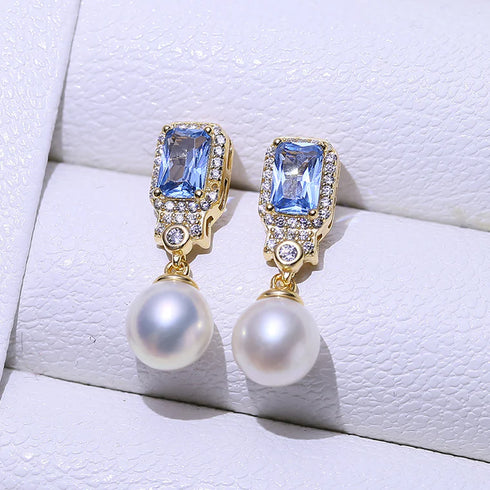 Clear Blue Zirconia Pearl Earrings - Gold vermeil / Sterling Silver